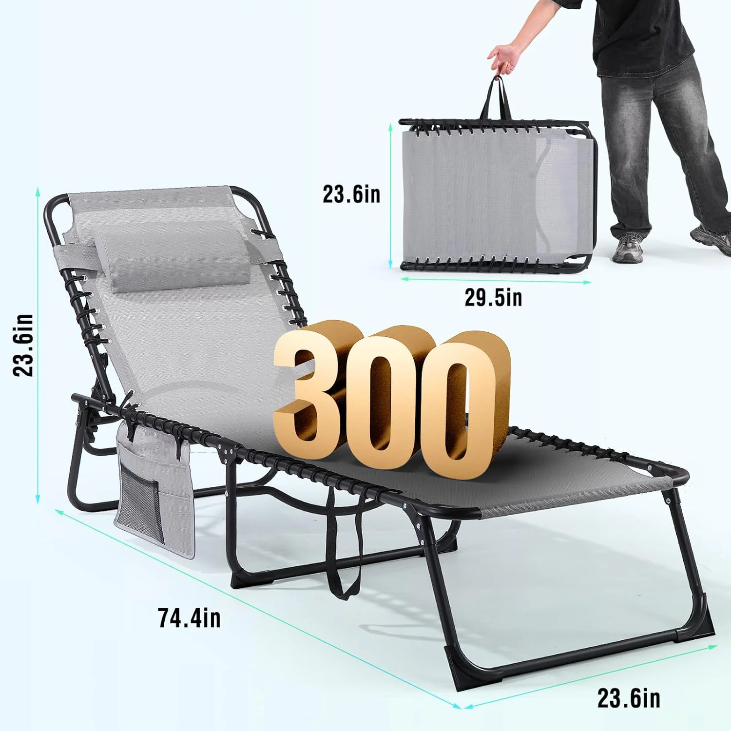 Unovivy Outdoor Chaise Lounge Chairs Set of 2, Portable Folding Pool Lounge Chair with 5-Position Reclining Back, Teslin Tanning Chair for Pool, Beach, Patio, Sunbathing