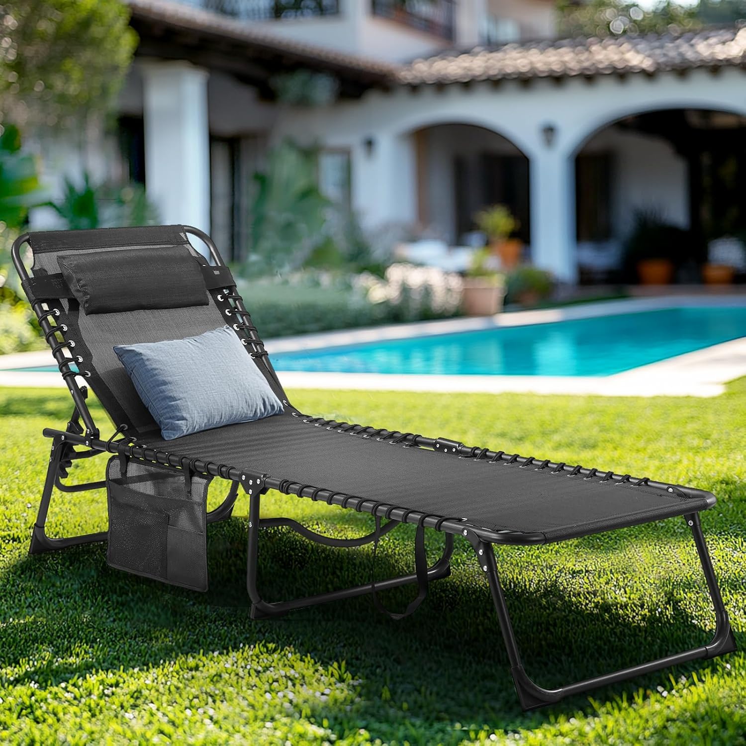 Unovivy Outdoor Chaise Lounge Chairs Set of 2, Portable Folding Pool Lounge Chair with 5-Position Reclining Back, Teslin Tanning Chair for Pool, Beach, Patio, Sunbathing