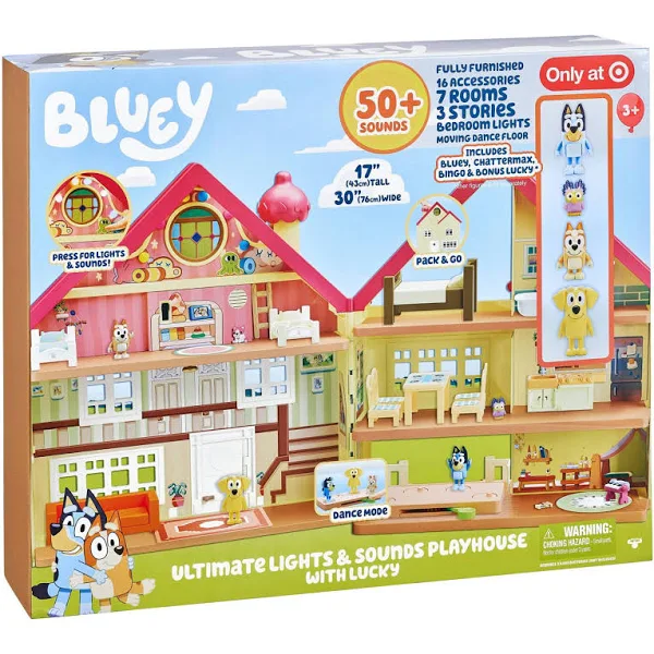 Bluey Ultimate Lights & Sounds Playhouse with Lucky Figures Set – 3 Story Interactive Toy House