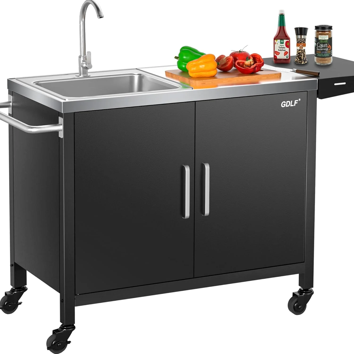 Outdoor Grill Table with Stainless Steel Sink by [Brand] – Metal BBQ Kitchen Island with Storage & Foldable Work Platform