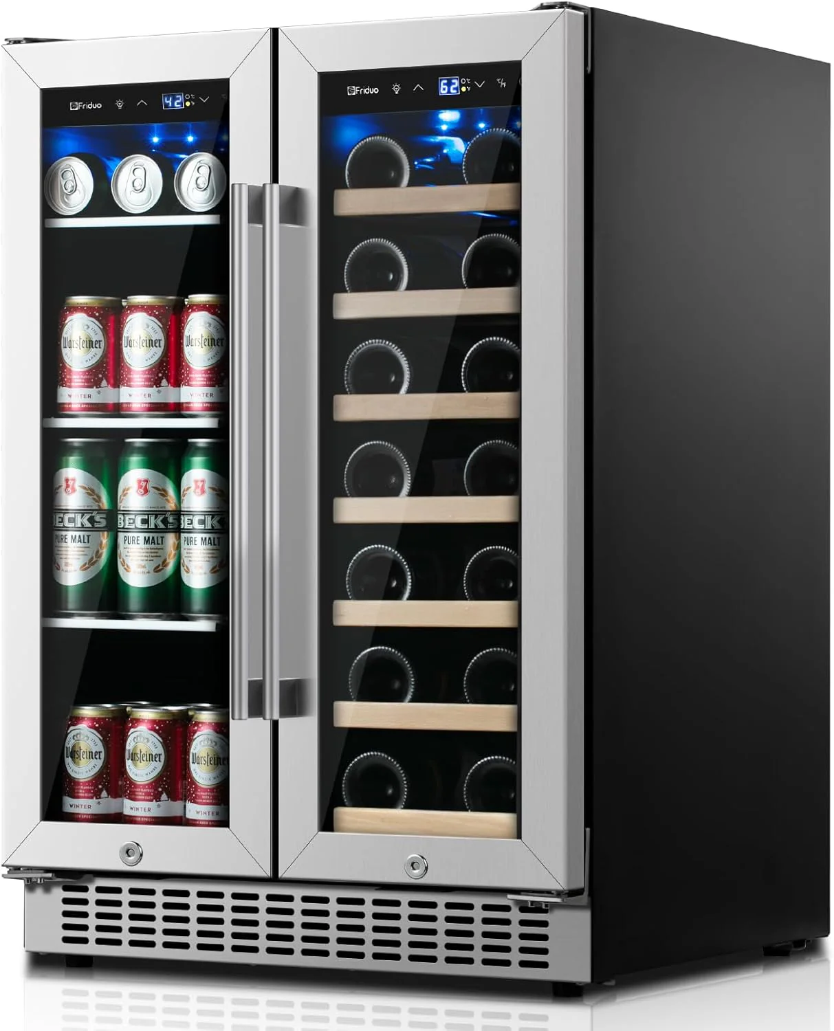 24 inch Dual Zone Beverage Refrigerator, 30 Bottles & 82 Cans Wine Fridge Built-in or Freestanding with Glass Door, Wine and Beverage Refrigerator Cooler for Kitchen Home Bar