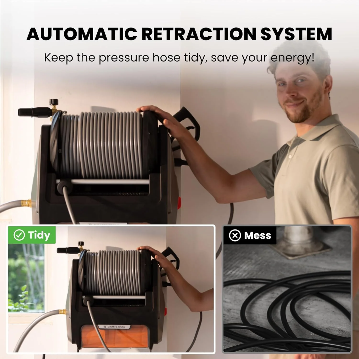 Giraffe Tools Grandfalls Pressure Washer, Max 2900 PSI, 2.2 GPM Electric Wall Mounted Power Washer with 100ft Retractable Hose, Foam Cannon, 4-Nozzles for Car/Driveways/Patios