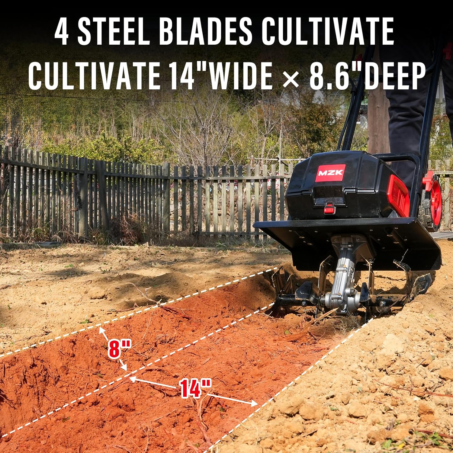 MZK 40V 12-inch Cordless Garden Tiller, Battery Powered Garden Cultivator, 2 * 4.0Ah Battery and Fast Charger Included