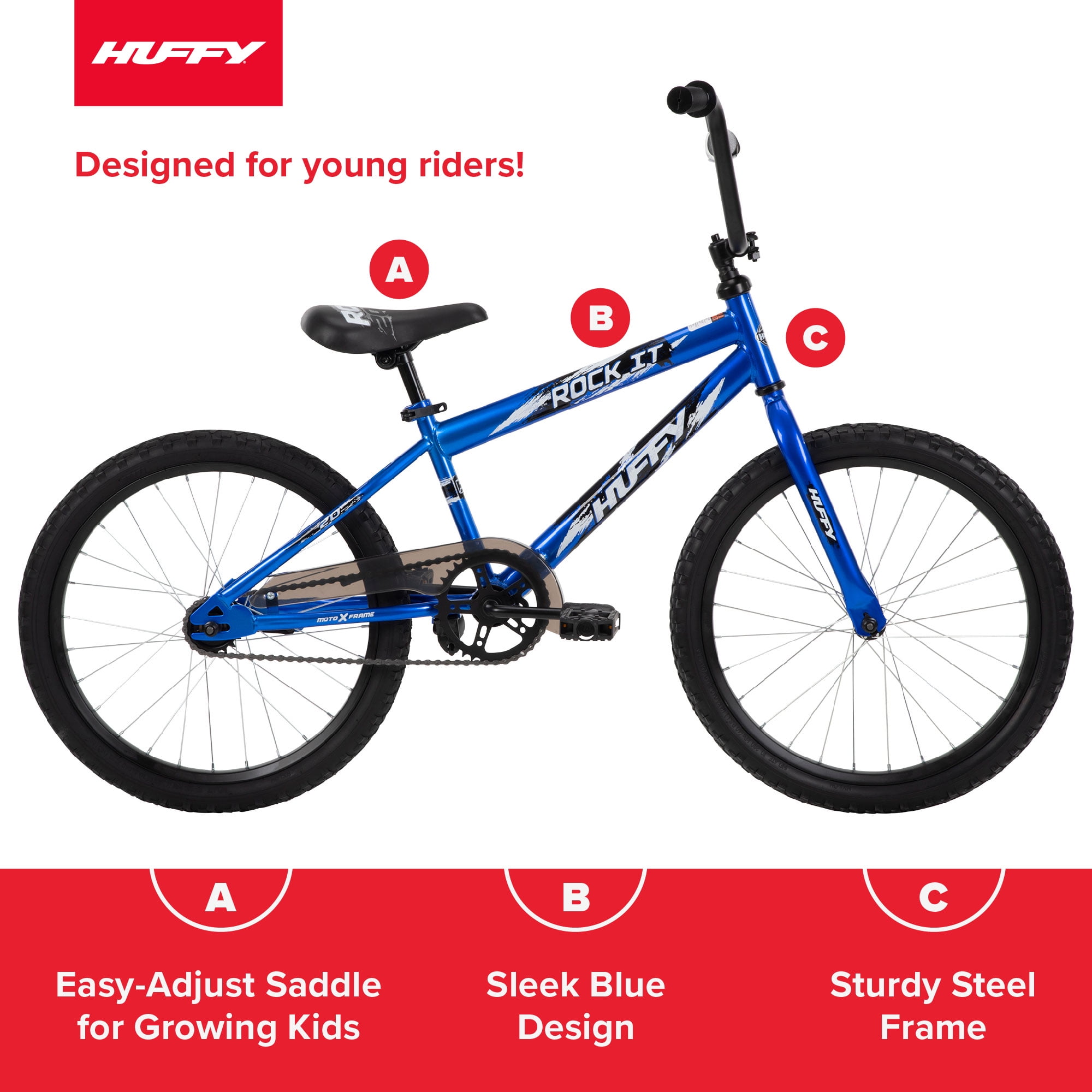 Huffy Rock It 20′′ Kids Bike, Royal Blue, Ages 5+, Single-Speed, Coaster Brake, Training Wheels