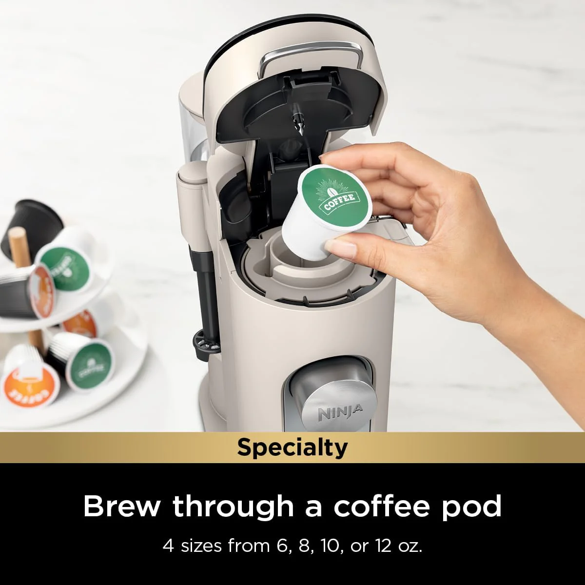 Ninja Pods & Grounds Single-Serve Coffee Maker, K-Cup Pod Compatible, Brews Grounds, Compact Design, 56-oz. Reservoir, 6-oz. Cup to 24-oz. Travel Mug Brew Sizes, Iced Coffee Maker, Stone, PB041ST