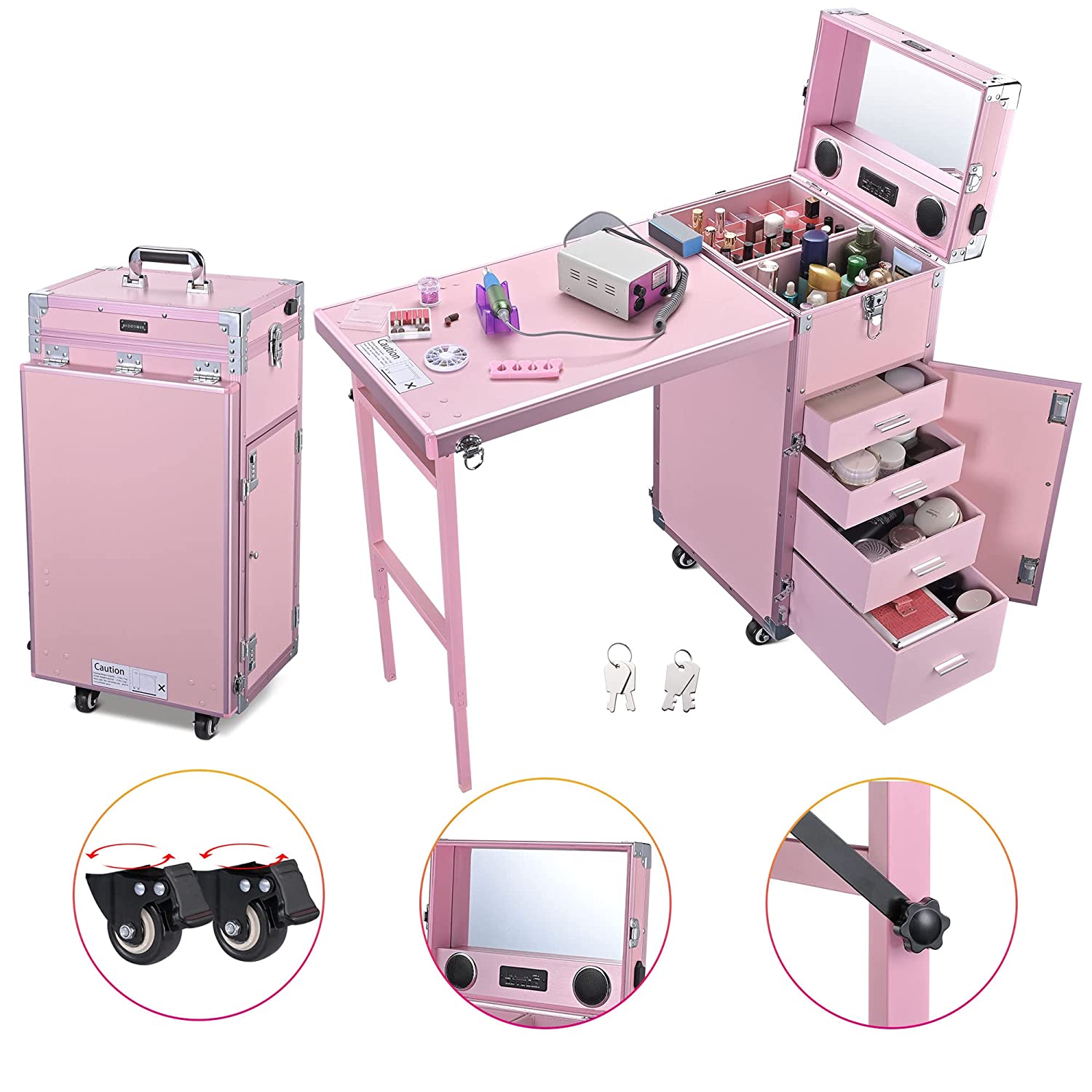 Byootique Portable Makeup Workstation with Mirror, 4 Drawers, Bluetooth, Pink Trolley Case