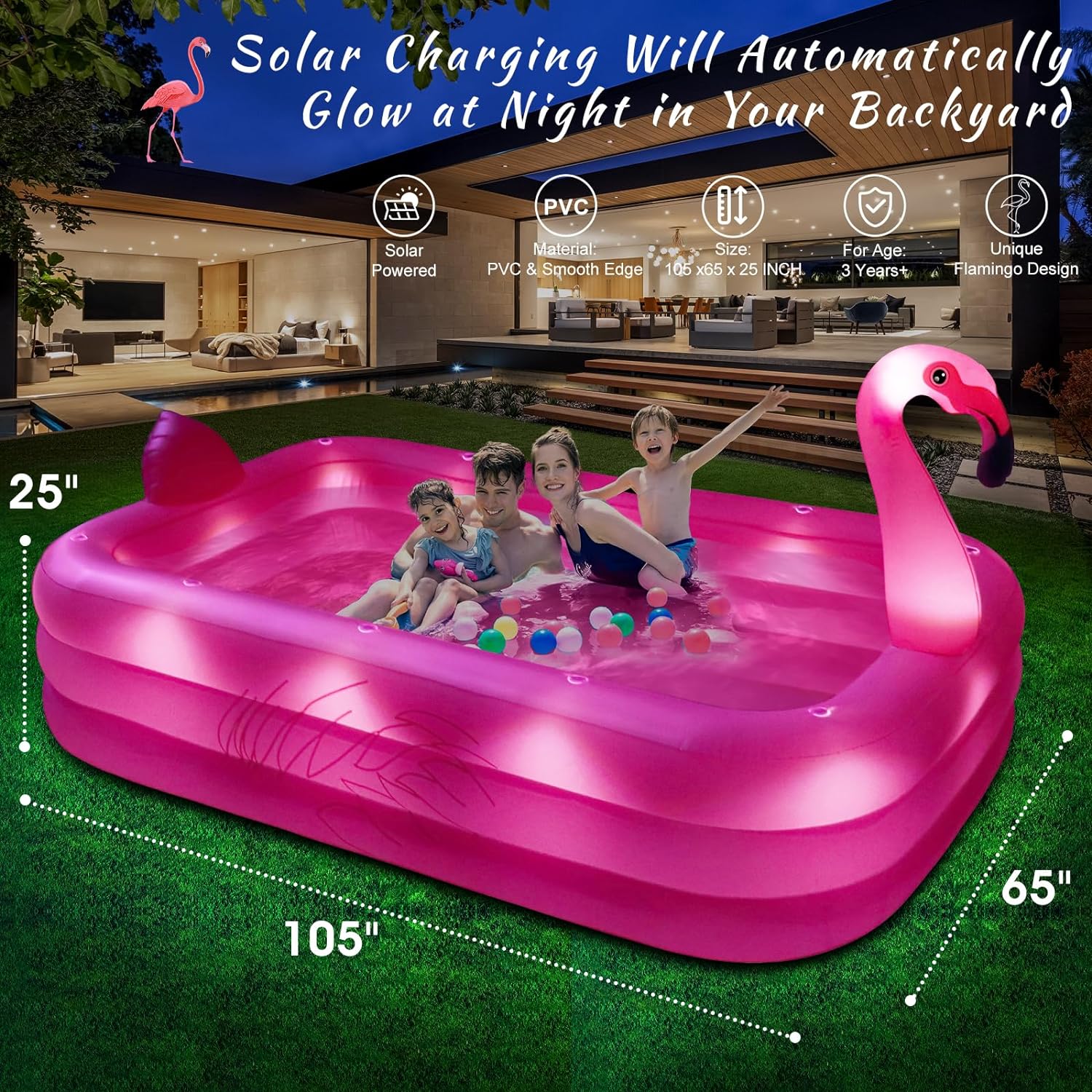 Inflatable Pool with Lights, Solar Flamingo Swimming Pool for Kids,Adults Inflatable Blow up Pool, Large Kiddie Pool, Durable Thickened Inflatable Family Pool for Backyard,Outdoor,105
