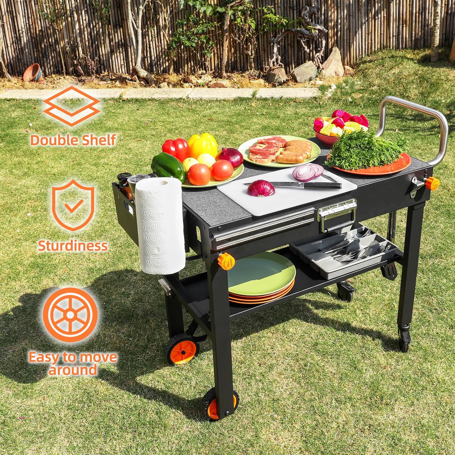 Portable Adjustable Grill Table with Stainless Steel Top – 3 Shelves, Magnetic Tool Holder, Bottle Opener