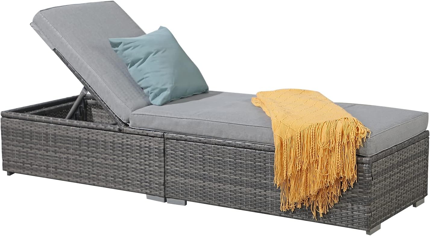 Patiorama Outdoor Patio Lounge Chair, Elegant Reclining Adjustable Pool Rattan Chaise Chair with Beige Cushion, Brown PE Wicker, Steel Frame, Set of 2