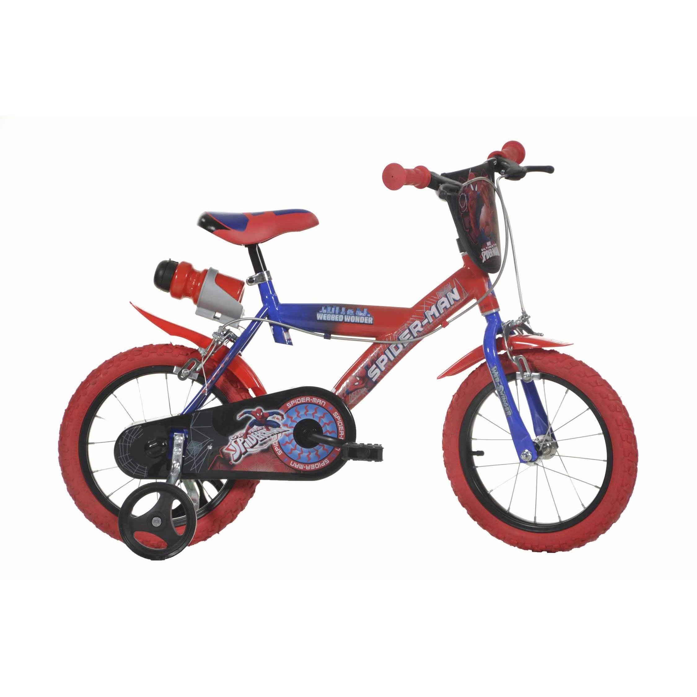 Dino Bikes Spiderman 14-Inch Boys’ Bicycle with Training Wheels – Ages 3-5, Padded Seat, Safety Tested