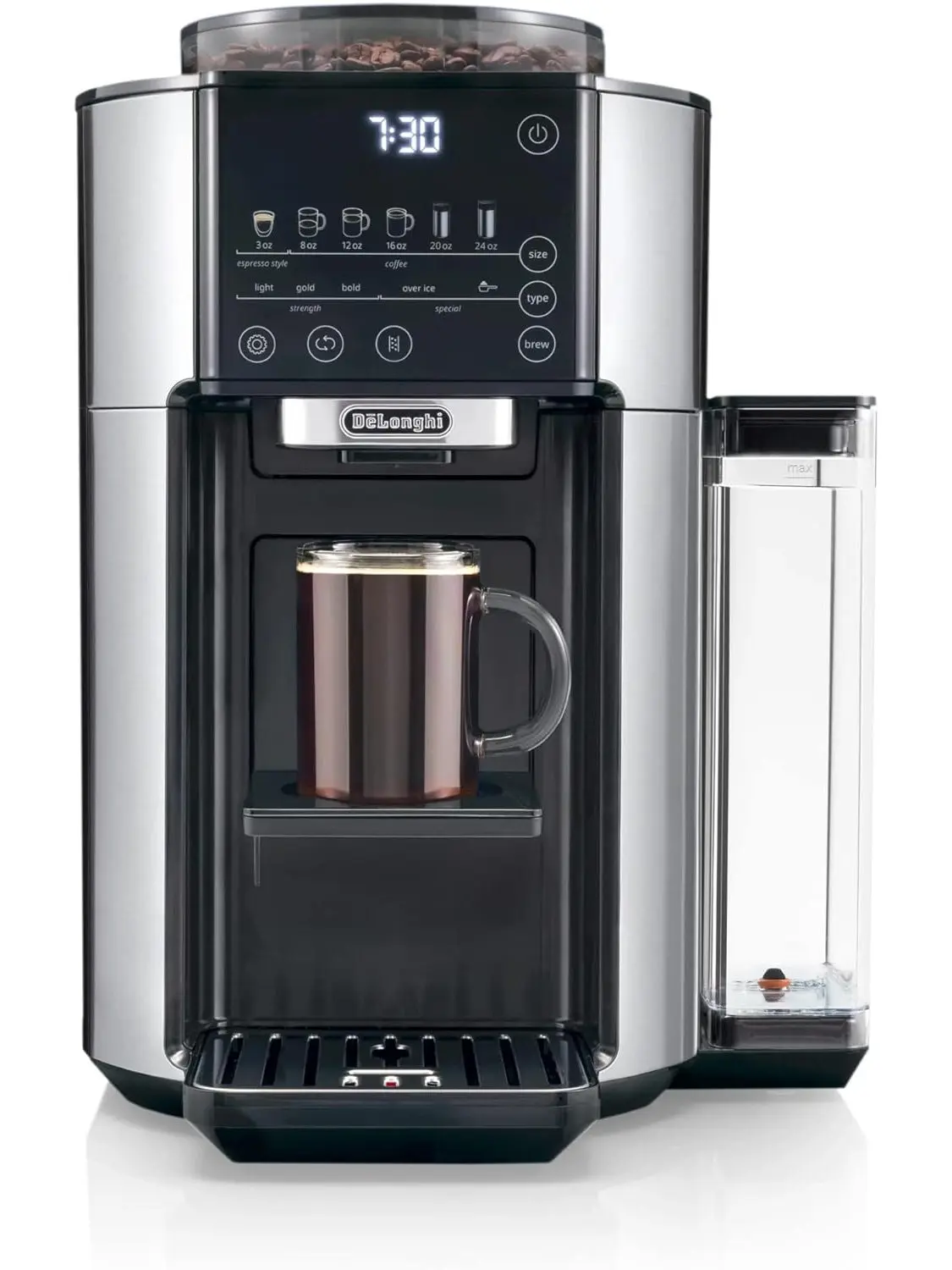 De’Longhi TrueBrew Drip Coffee Maker with Built-in Grinder, Programmable, 6 Brew Sizes, 5 Styles, Stainless Steel, Silver Black