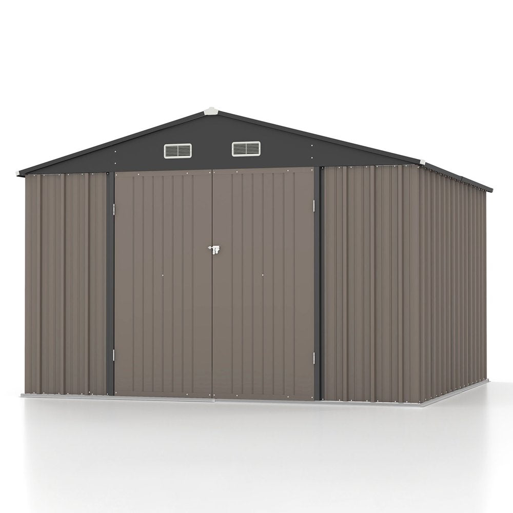 Patiowell 10×10 ft Metal Storage Shed, Sloping Roof, Double Lockable Doors, Galvanized Steel, Coffee Brown
