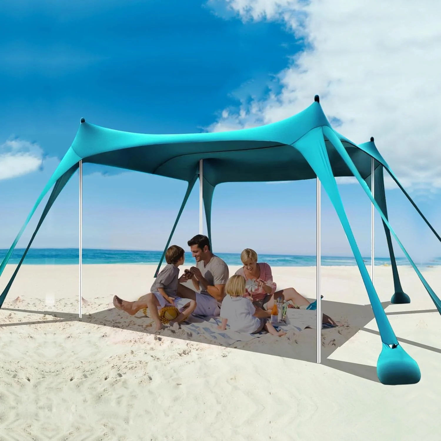 Beach Tent Sun Shelter, 10 x 10 FT Beach Canopy Tent Sun Shade Heavy Duty, UPF50+ Beach Tent Canopy with 8 Sandbags & 4 Stability Poles, Outdoor Beach Shade Canopy for Camping and Fishing, Blue