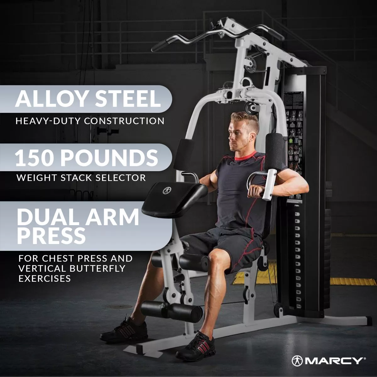 Marcy 150-Pound Stack Home Gym, Dual-Function Arm Press & Leg Developer, Full Body Workout, Black/White