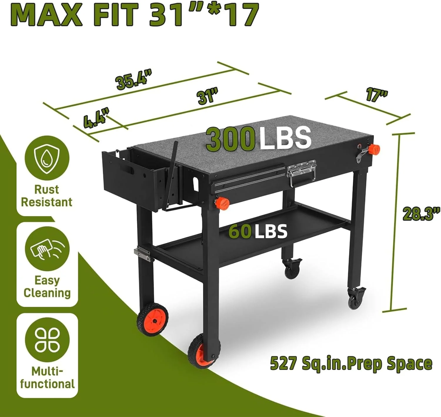 Portable Adjustable Grill Table with Stainless Steel Top – 3 Shelves, Magnetic Tool Holder, Bottle Opener