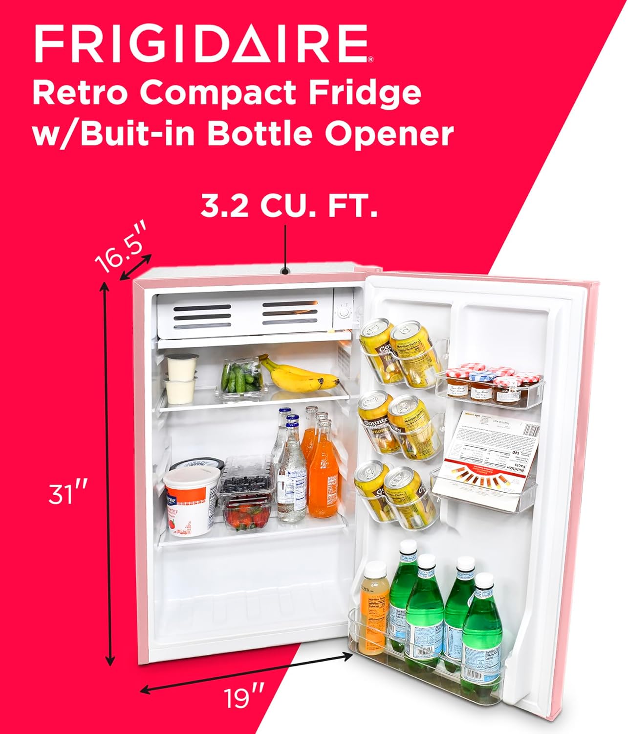 Frigidaire Retro Bar Fridge 3.2 Cu. Ft, Pink/Coral – Compact with Bottle Opener, Adjustable Thermostat & Shelves