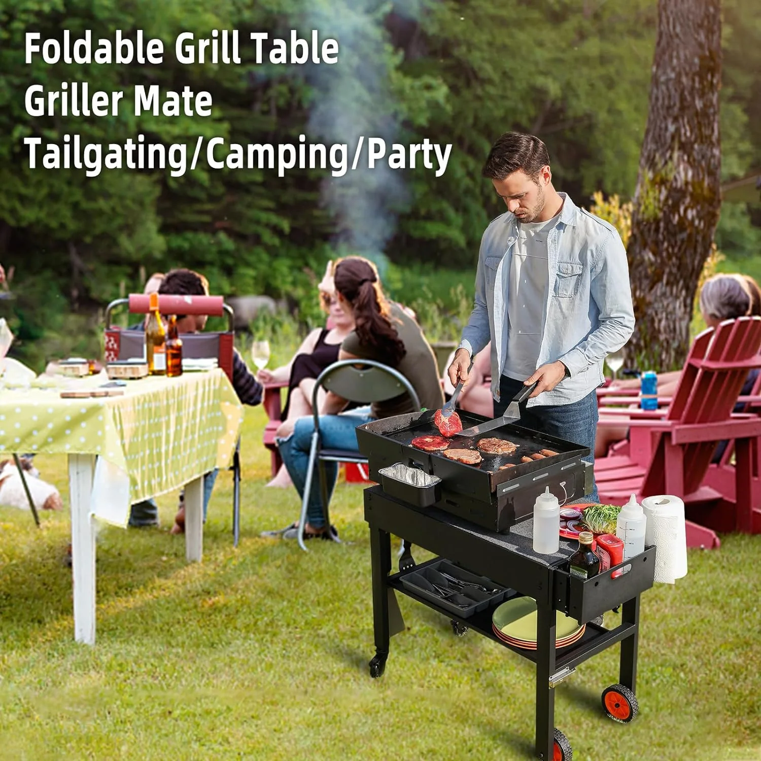 Portable Adjustable Grill Table with Stainless Steel Top – 3 Shelves, Magnetic Tool Holder, Bottle Opener