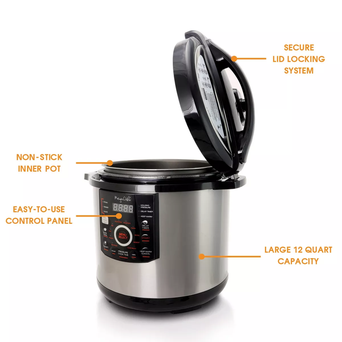 Megachef 12 Quart Steel Digital Pressure Cooker with 15 Presets and Glass Lid