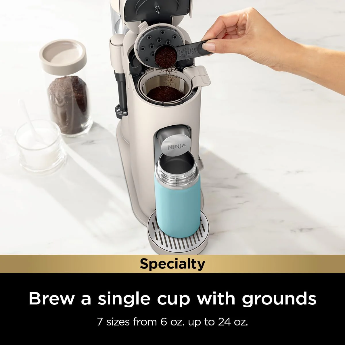 Ninja Pods & Grounds Single-Serve Coffee Maker, K-Cup Pod Compatible, Brews Grounds, Compact Design, 56-oz. Reservoir, 6-oz. Cup to 24-oz. Travel Mug Brew Sizes, Iced Coffee Maker, Stone, PB041ST