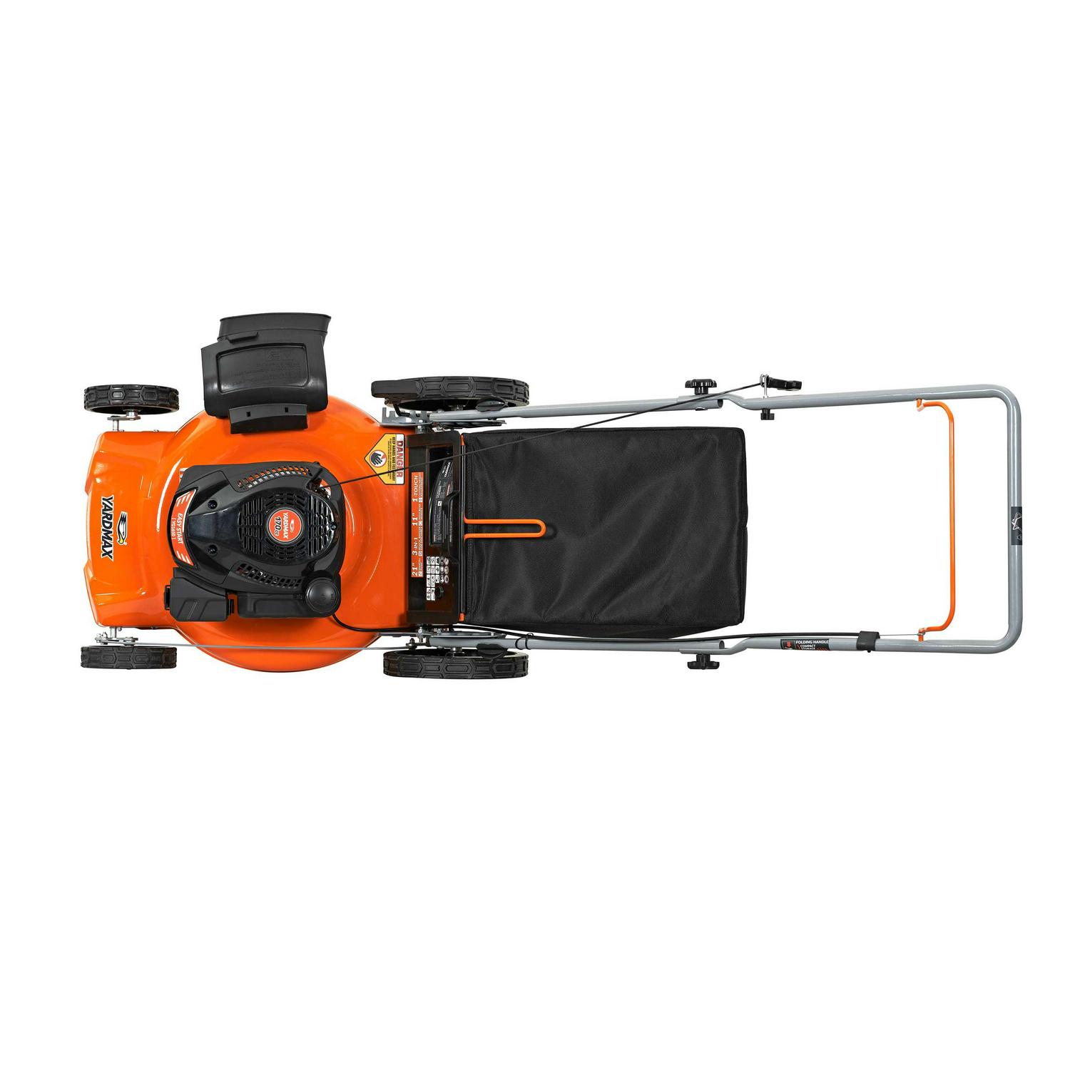 YARDMAX 21′′ 170cc Gas Push Lawn Mower, 3-in-1, High Rear Wheels, Adjustable Heights