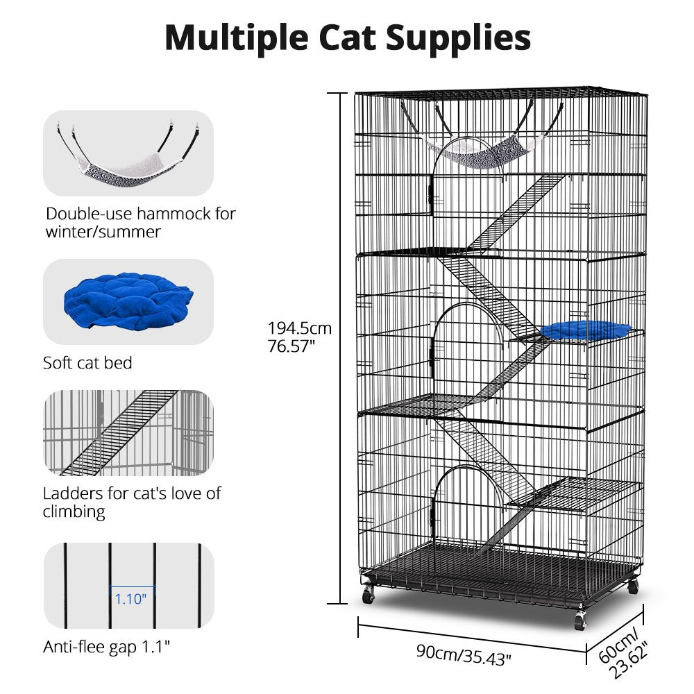 SINGES Extra Large 6-Tier Cat Cage Playpen with Bed, Black, Metal Wire, for Cats & Small Pets