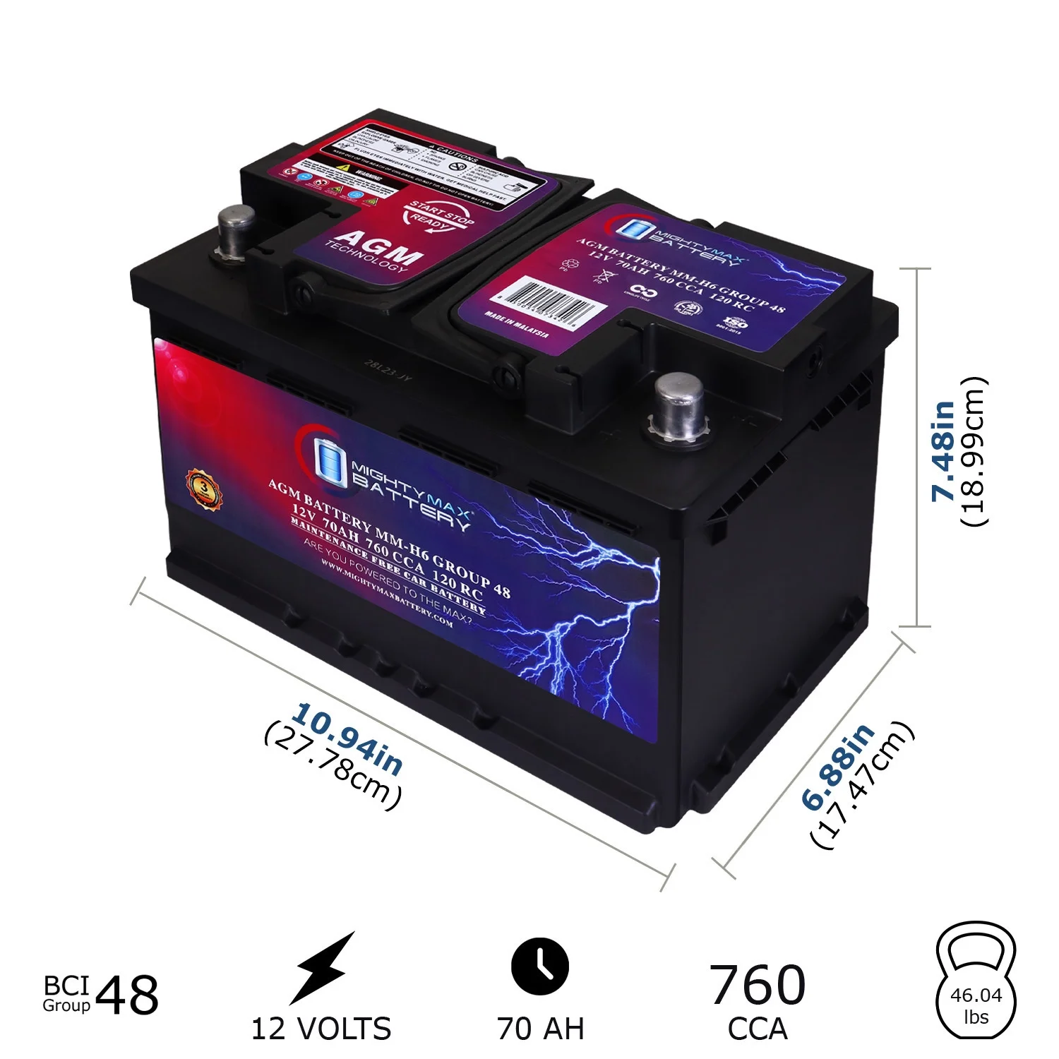 MM-H6 12V 70AH Car Battery, 760 CCA, Group 48, Compatible with Chevrolet Silverado 1500, Long Life, High Discharge Rate