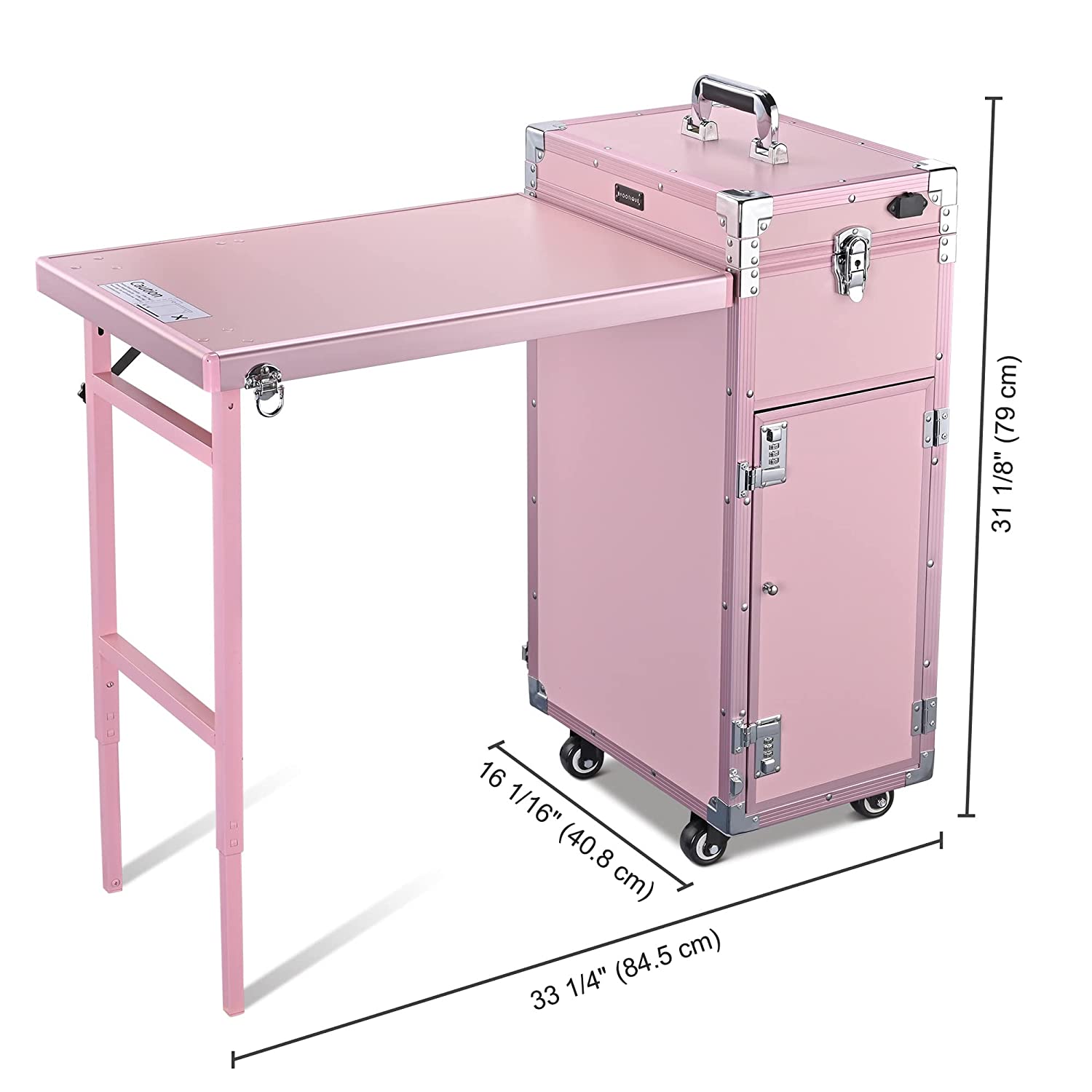 Byootique Portable Makeup Workstation with Mirror, 4 Drawers, Bluetooth, Pink Trolley Case