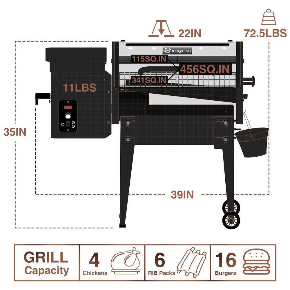 KingChii Pro Series 02 Wood Pellet Smoker & Grill, 456 sq. in, Digital Temp Control, 8-in-1 BBQ, Bronze