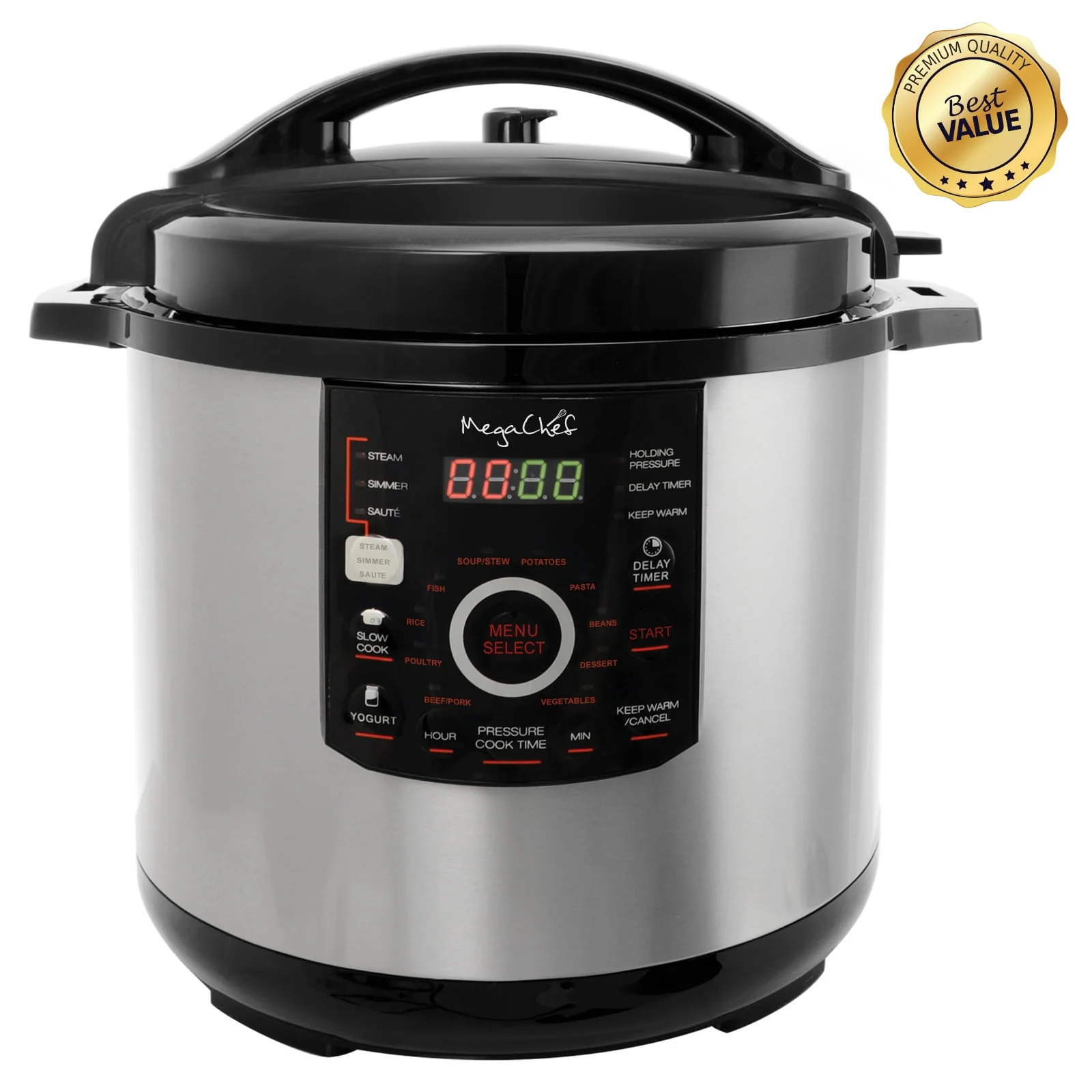 Megachef 12Qt Steel Pressure Cooker with 15 Presets, Non-stick Pot & Glass Lid