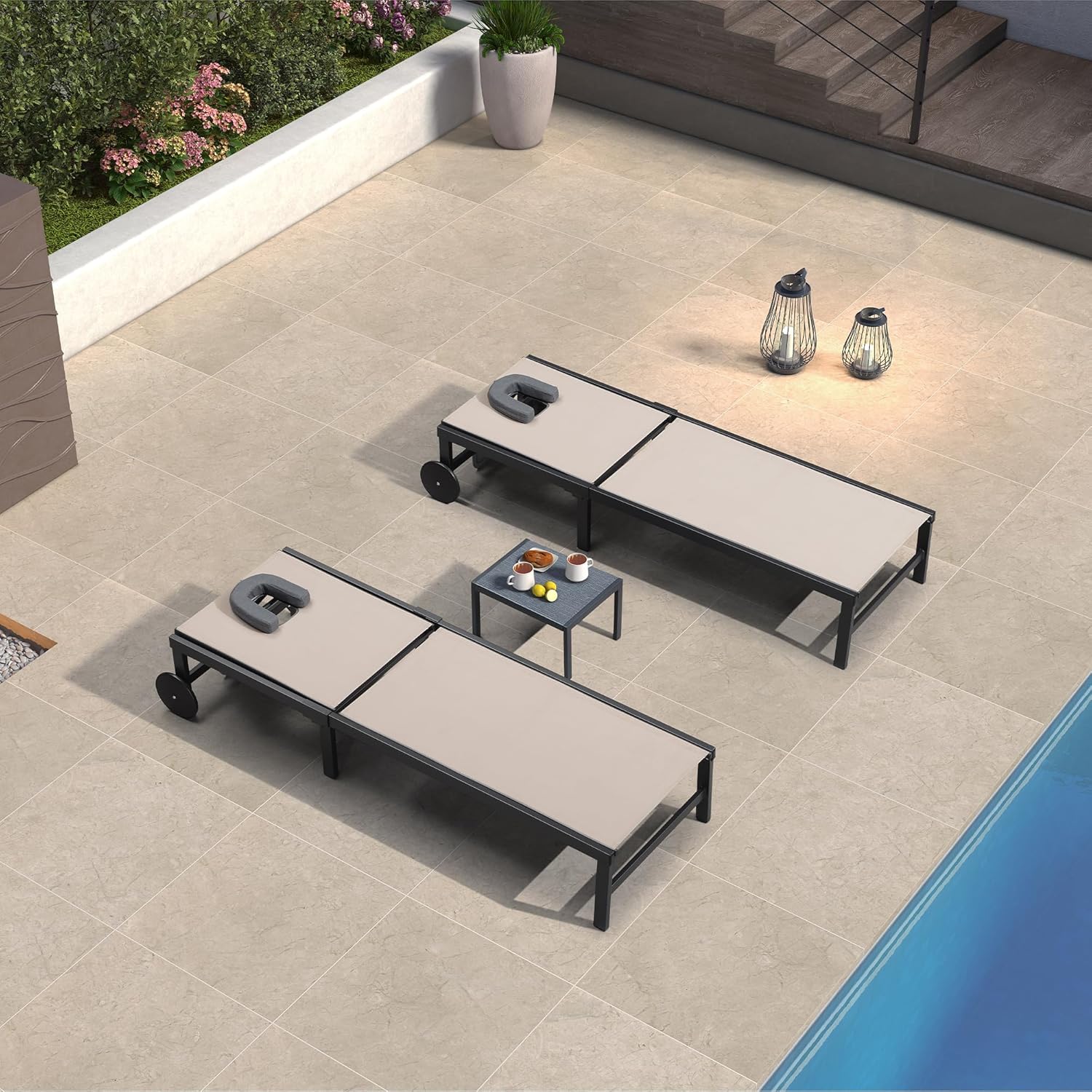 PURPLE LEAF Patio Tanning Lounge Chair Set with Face Down Hole Outdoor Aluminum Adjustable Reclining Chairs Wheels Pillows and Table for Poolside Beach Sunbathing Lounger, Beige