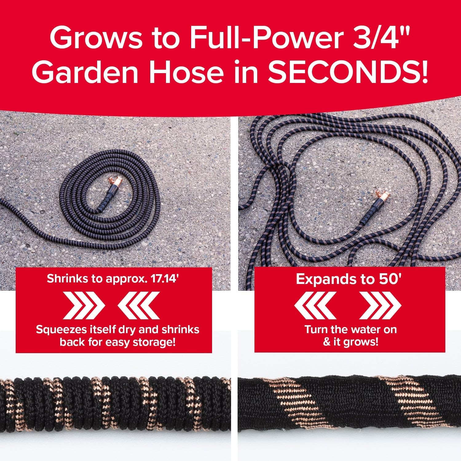 Pocket Hose Copper Bullet 50FT Expandable Garden Hose with 10-Pattern Nozzle, Lead-Free, No-Kink, Ultra-Lightweight, 3/4′′ Copper Fittings