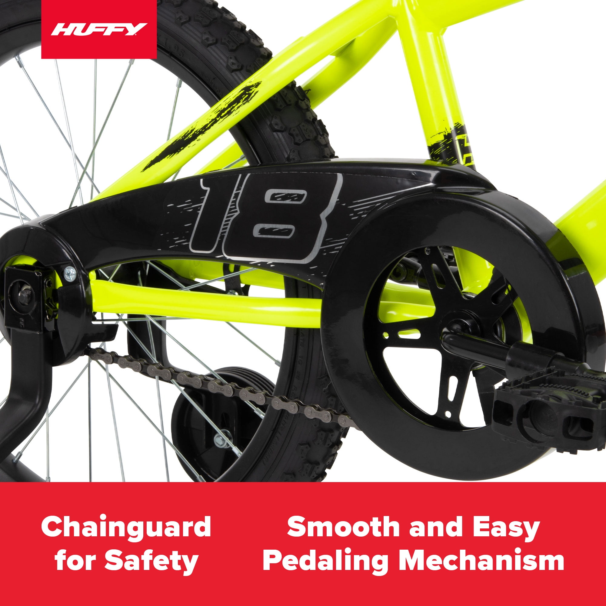 Huffy Rock It 18′′ Kids Bicycle, Neon Yellow, Single-Speed, Training Wheels, Ages 5+, Steel Frame