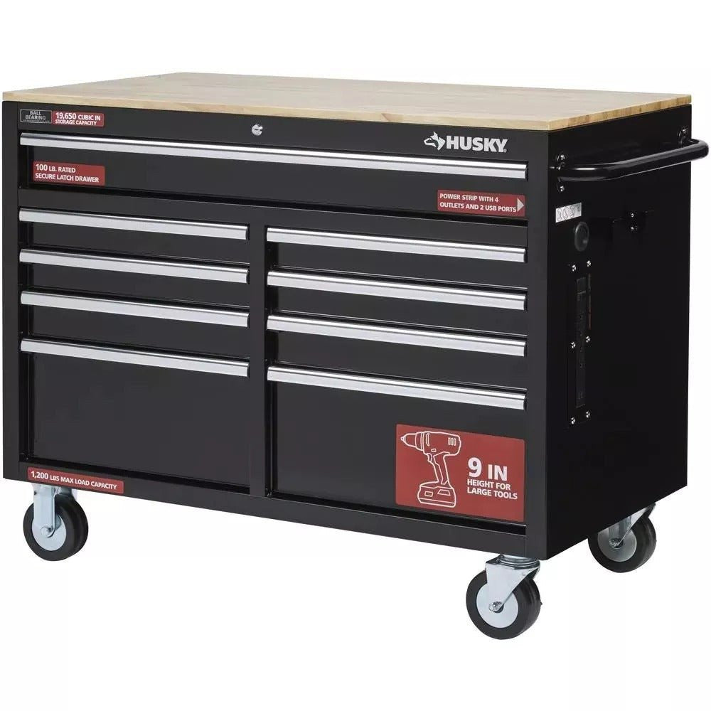 Gloss Black 46′′ 9-Drawer Mobile Tool Chest Workbench with Power Strip & Solid Wood Top