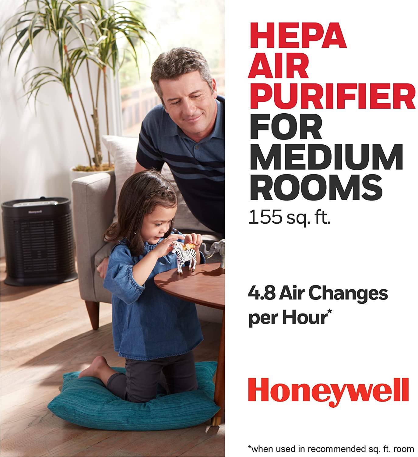 Honeywell HPA100 HEPA Air Purifier for Medium Rooms, 155 sq. ft, Allergen Plus Series, 4 Cleaning Levels