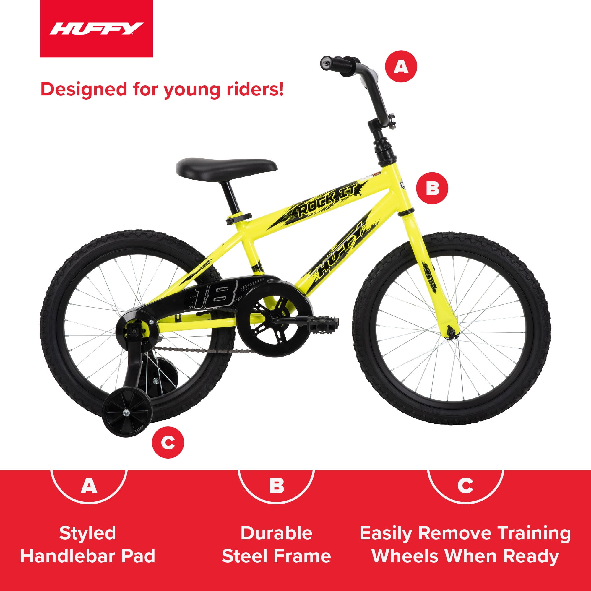 Huffy Rock It 18′′ Kids Bicycle, Neon Yellow, Single-Speed, Training Wheels, Ages 5+, Steel Frame