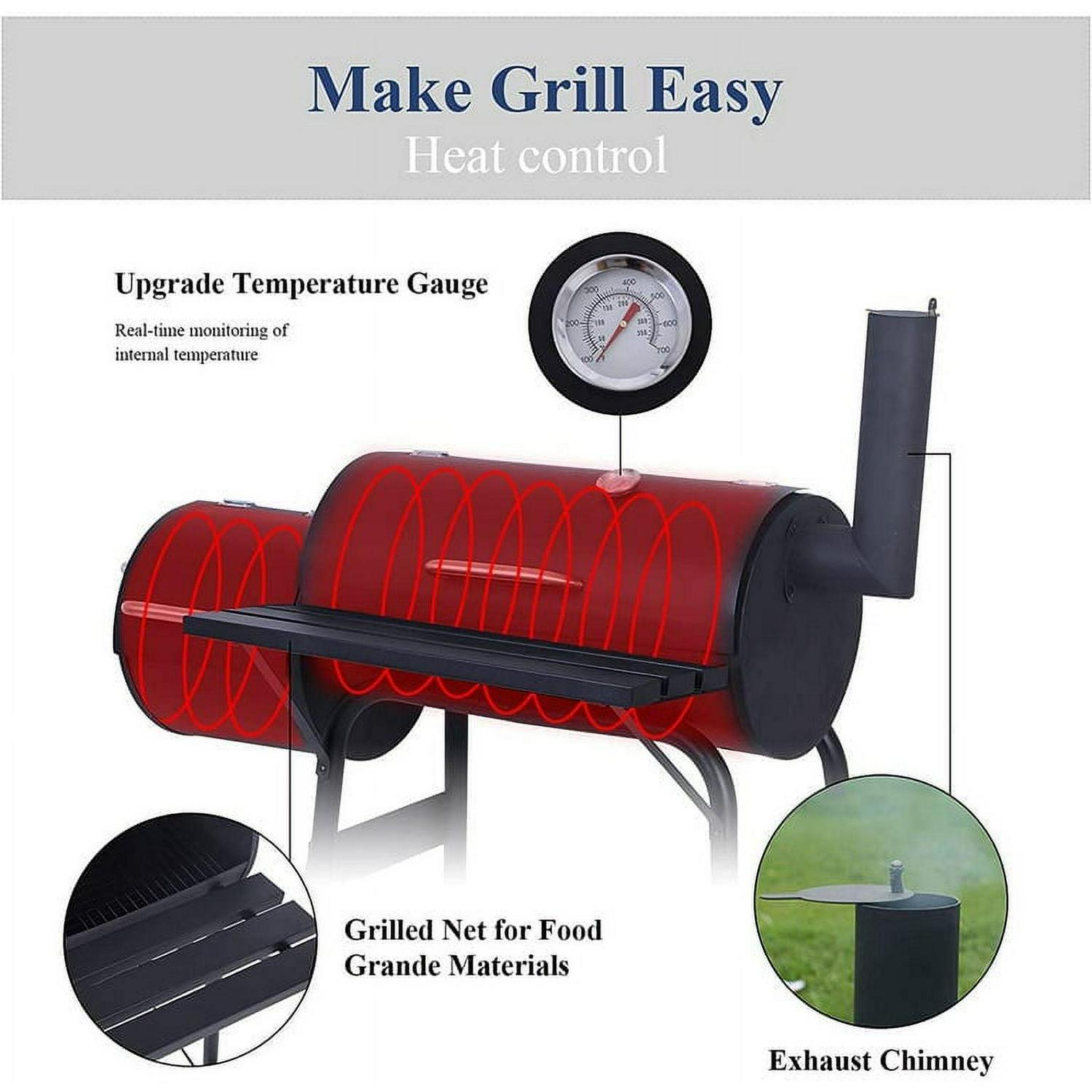 Vebreda Portable Charcoal BBQ Grill with Offset Smoker, Steel, Black, Thermometer, Wheels