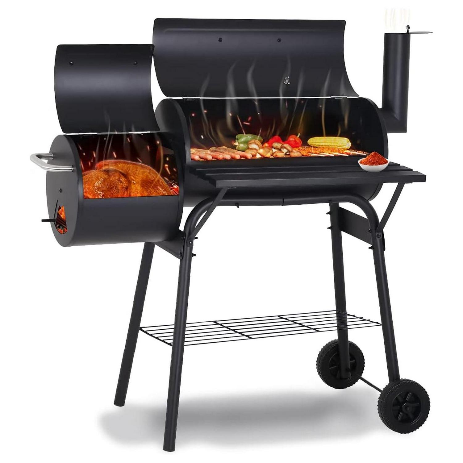 Vebreda Portable Charcoal BBQ Grill with Offset Smoker, Steel, Black, Thermometer, Wheels