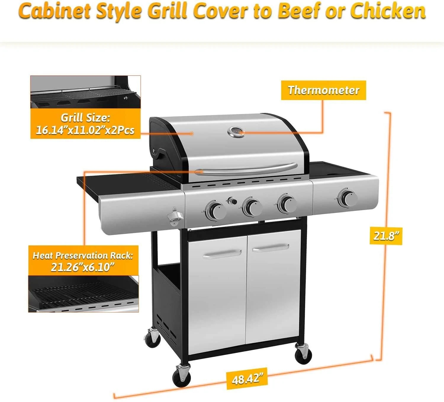 R.W.FLAME Stainless Steel Liquid Propane Grill, 3/4 Burners, 34000/42000 BTU, Double Shelf, Mobile with Wheels