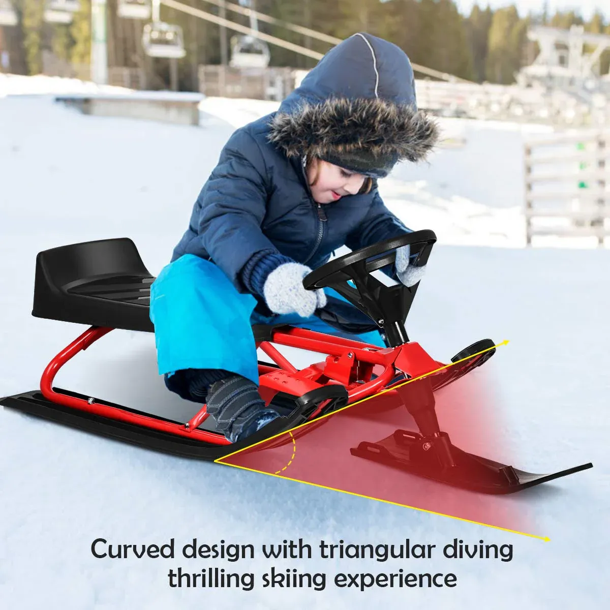 Snow Racer Sled, Ski Sled Slider Board with Twin Brakes