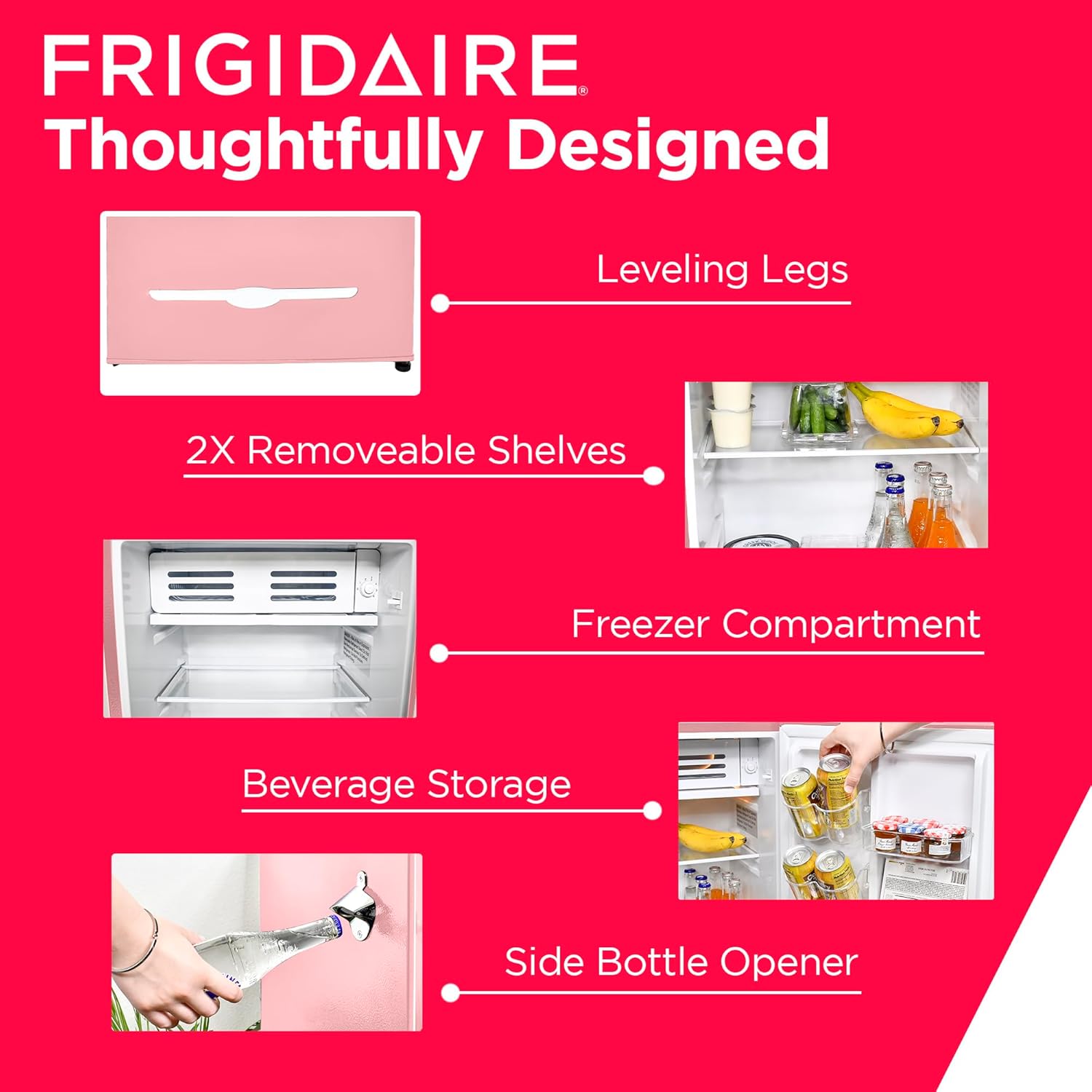 Frigidaire Retro Bar Fridge 3.2 Cu. Ft, Pink/Coral – Compact with Bottle Opener, Adjustable Thermostat & Shelves
