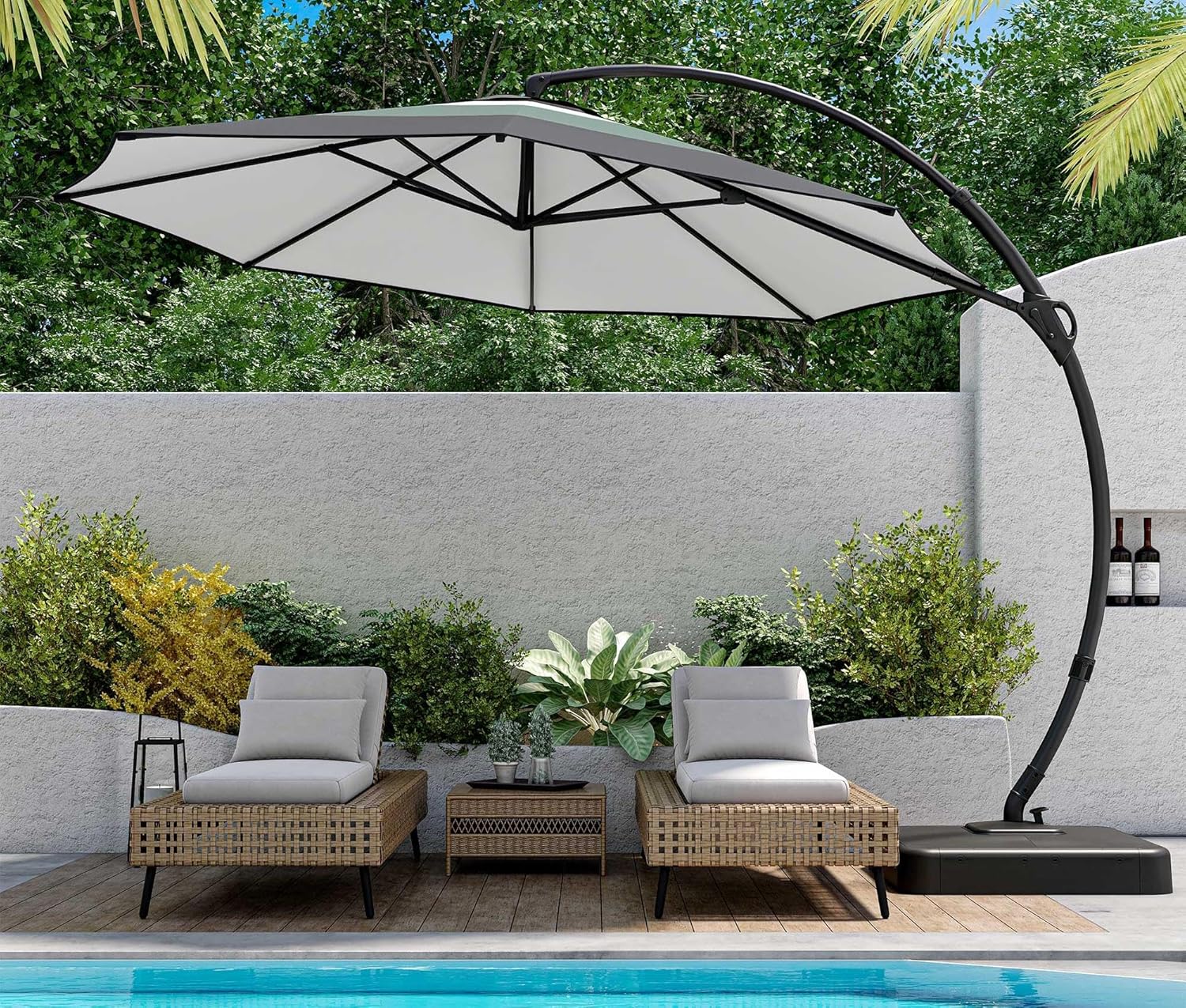 LAUSAINT HOME Outdoor Patio Umbrella with Base included, 11 FT Deluxe Curvy Cantilever Umbrella Heavy Duty Offset Hanging Umbrella with 360° Rotation for Market, Pool, Garden, Backyard, Deck (Beige)