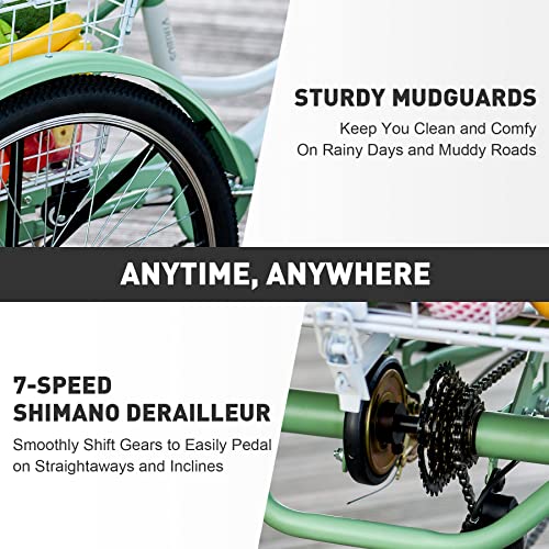 Viribus Adult Tricycle 7-Speed, 24′′ Wheels, High Carbon Steel Frame, Front & Rear Baskets, Adjustable Saddle