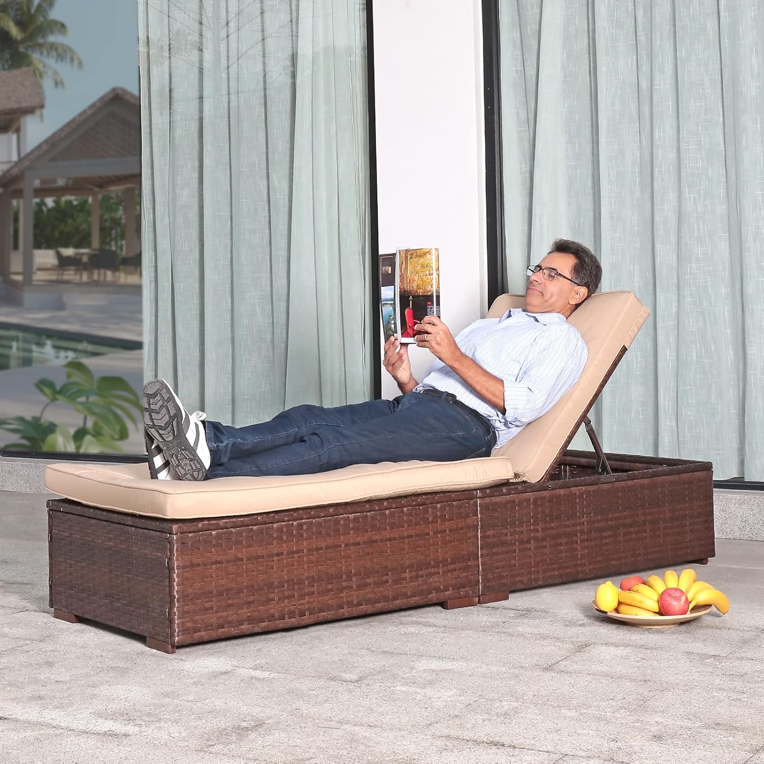 Patiorama Outdoor Patio Lounge Chair, Elegant Reclining Adjustable Pool Rattan Chaise Chair with Beige Cushion, Brown PE Wicker, Steel Frame, Set of 2