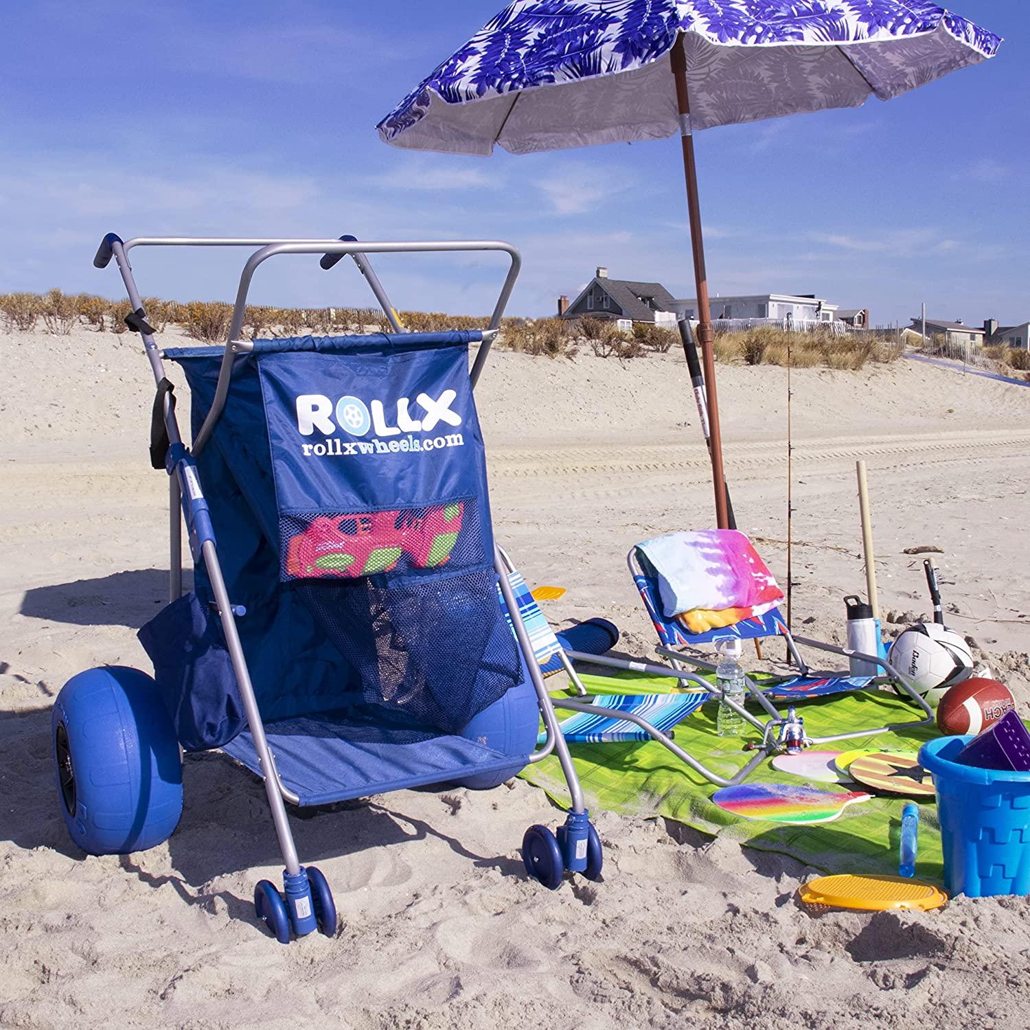 RollX Foldable Beach Cart with 12′′ Balloon Wheels, Mesh Storage & Umbrella Holder – Blue