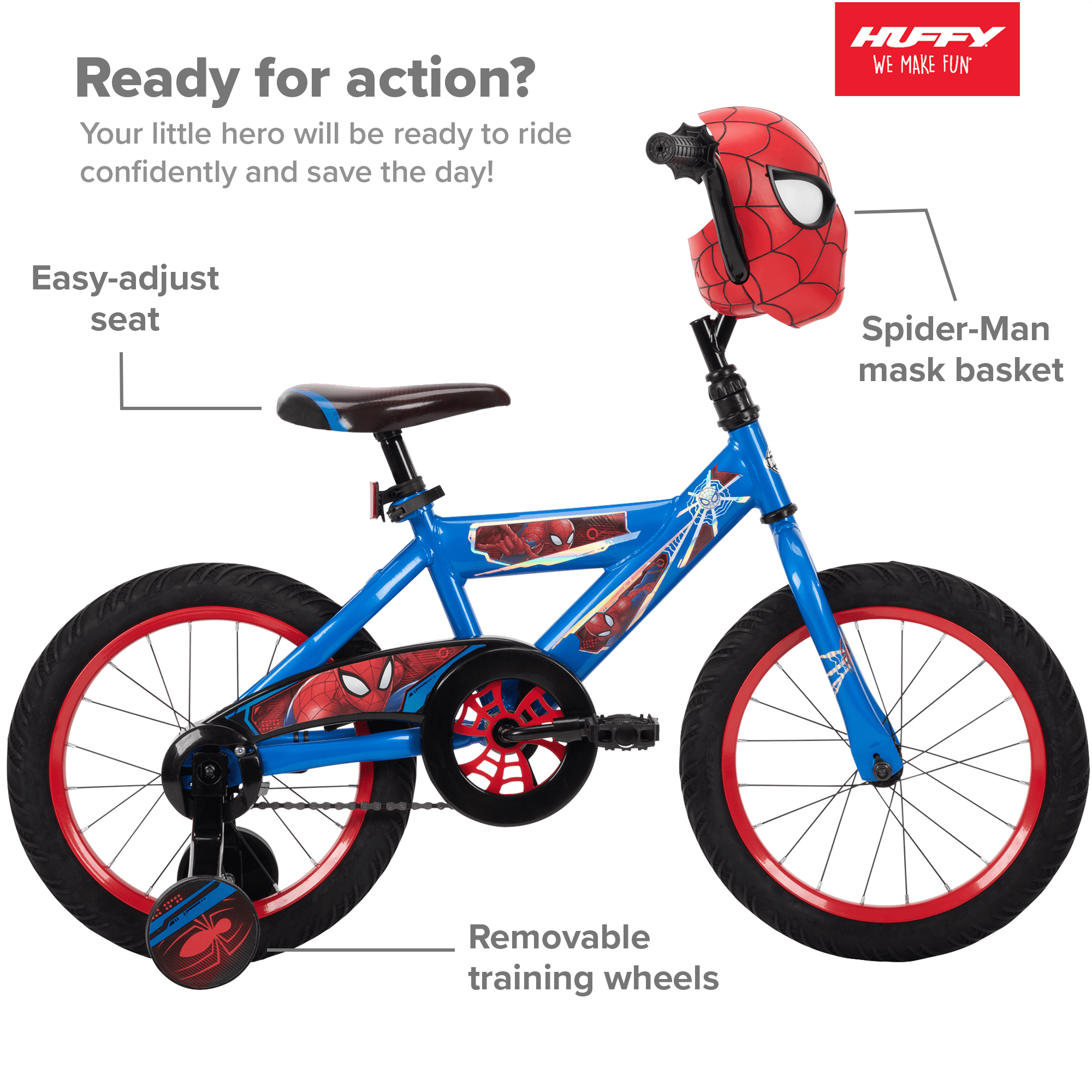Huffy Marvel Spider-Man Kids Bike, 16′′ Wheels, Ages 3+, Training Wheels, Steel Frame, Coaster Brake