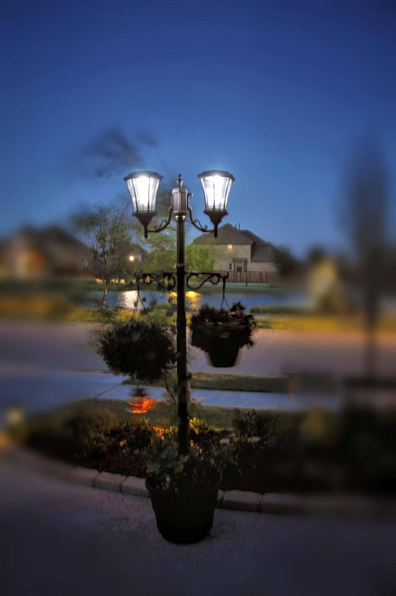 Sun-Ray Martens Solar Lamp Post with Planter & Dual LED Lanterns, Black Finish