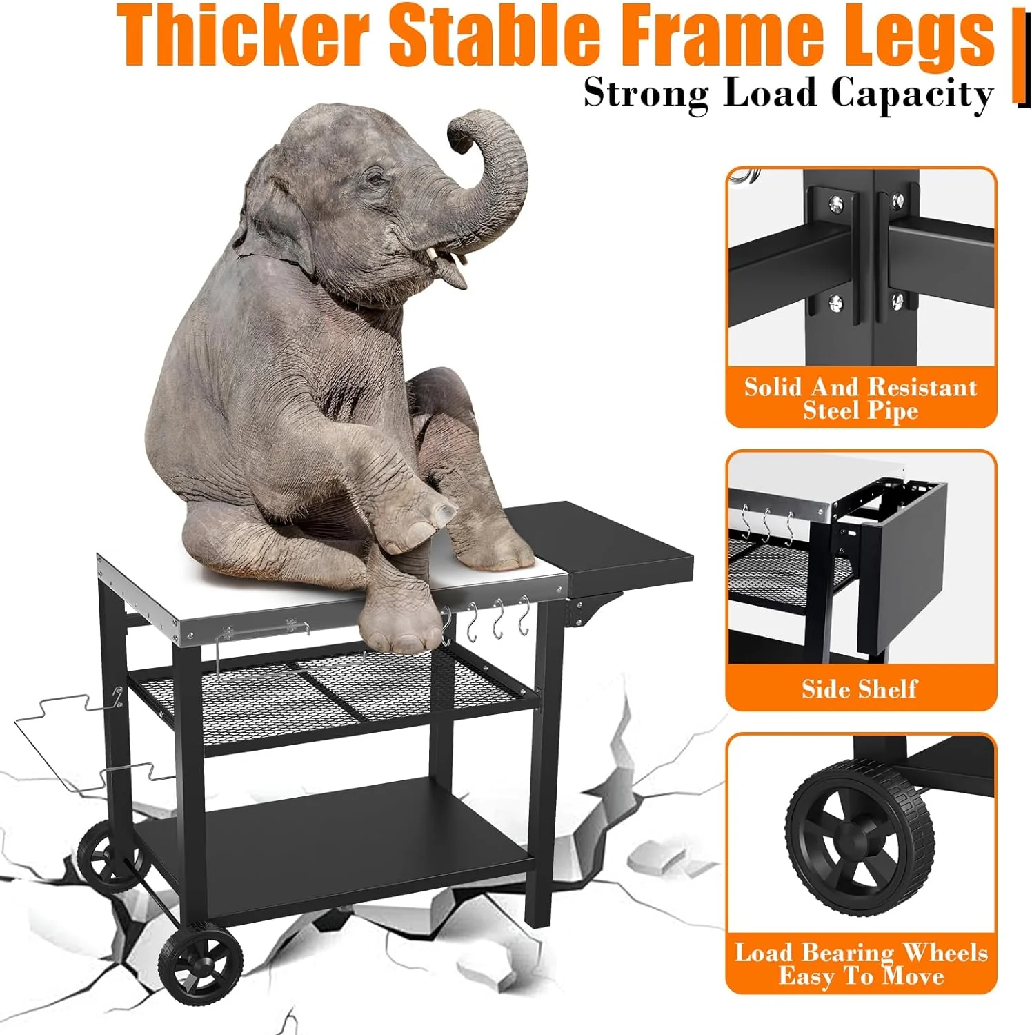 Stainless Steel Outdoor Grill Cart with Three Shelves, Drawer & Foldable Side Table