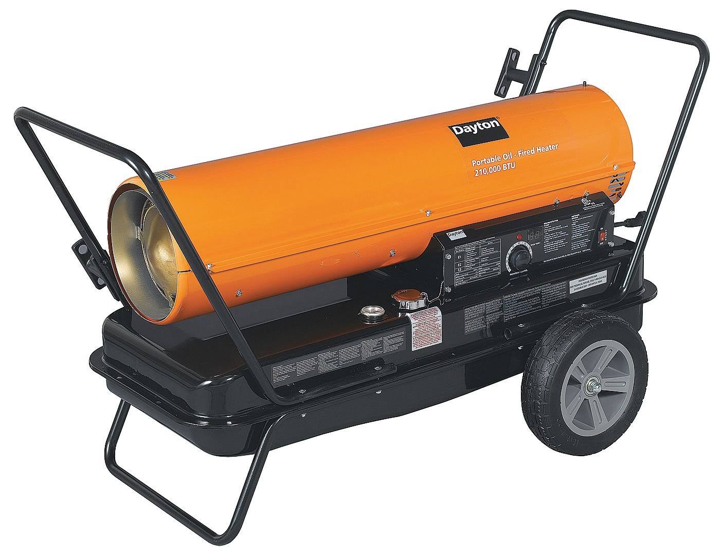 DAYTON Oil-Fired Torpedo Heater 3VE52, 210,000 BTU, Portable with Wheels, Heats 5,000 sq ft, Built-in Thermostat & Fuel Gauge