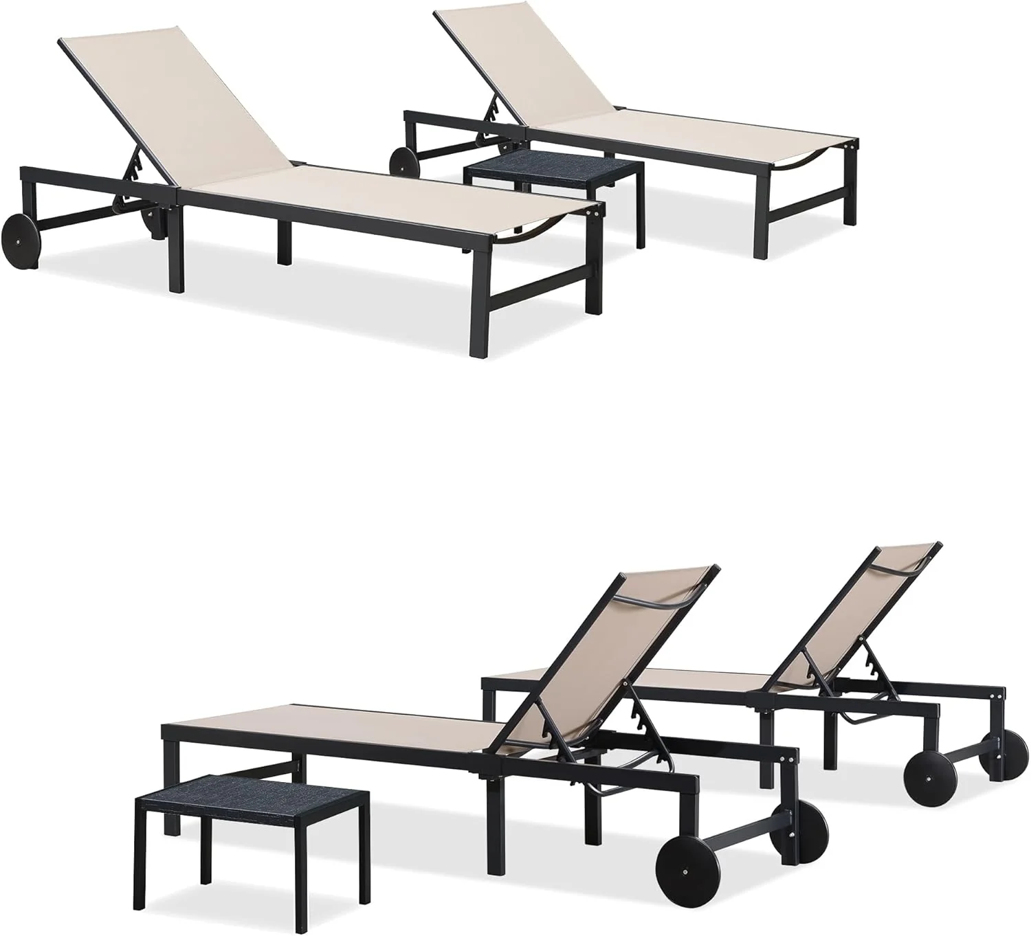 PURPLE LEAF Patio Tanning Lounge Chair Set with Face Down Hole Outdoor Aluminum Adjustable Reclining Chairs Wheels Pillows and Table for Poolside Beach Sunbathing Lounger, Beige