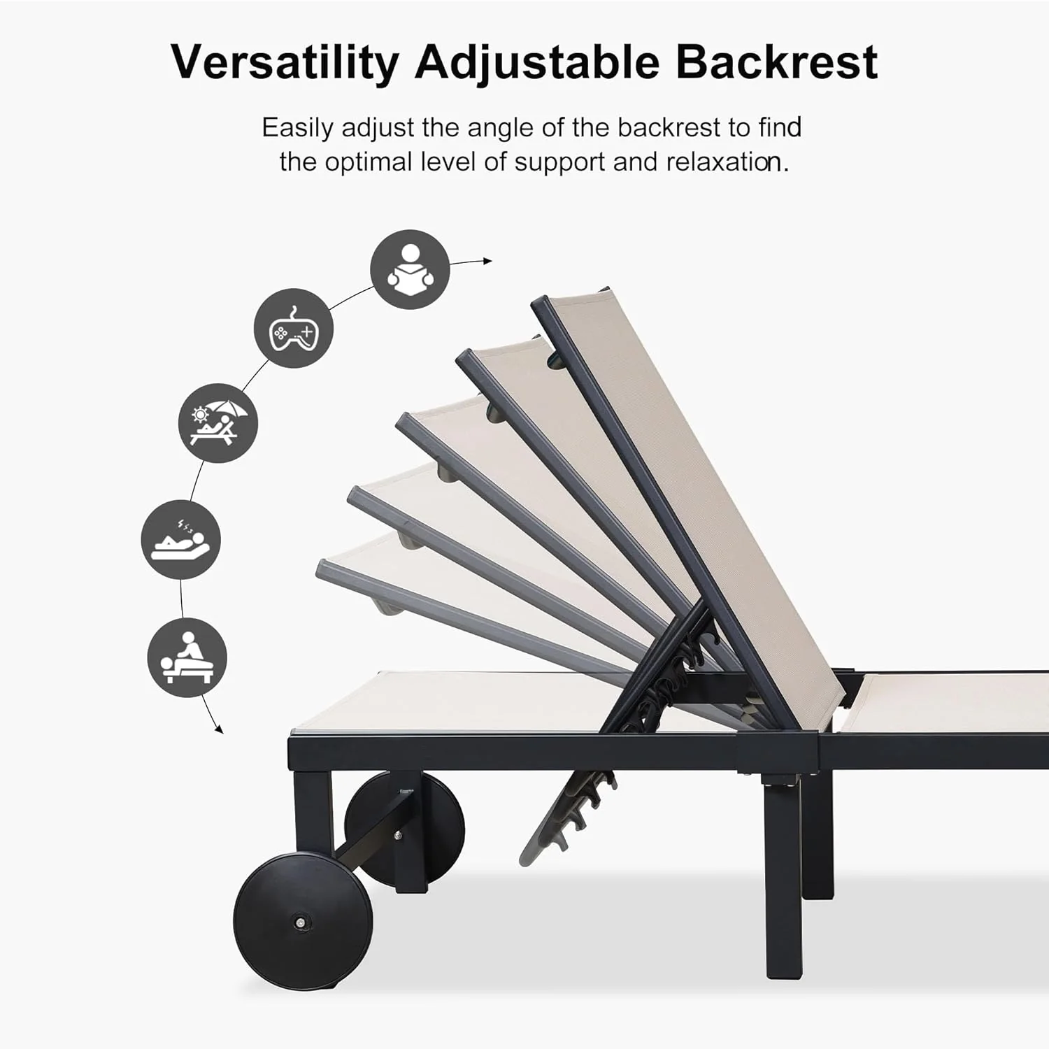 PURPLE LEAF Patio Tanning Lounge Chair Set with Face Down Hole Outdoor Aluminum Adjustable Reclining Chairs Wheels Pillows and Table for Poolside Beach Sunbathing Lounger, Beige